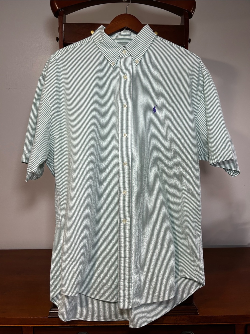 Vintage Ralph Lauren Men’s XL Short-Sleeve Button-Down Seersucker Shirt Green